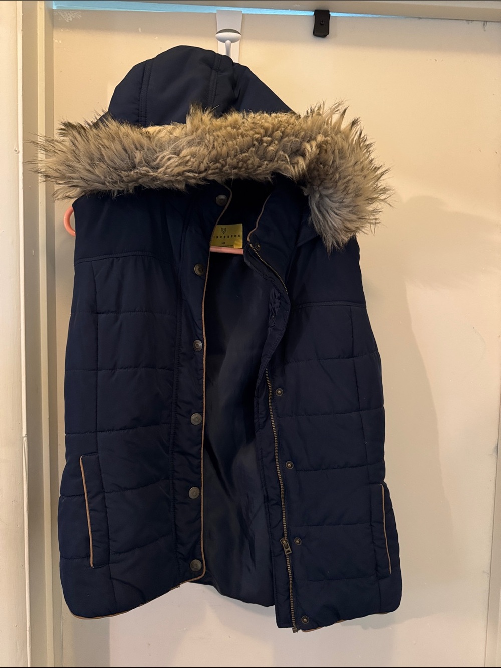 Prince & Fox Navy Blue Quilted Hooded Vest with Faux Fur Trim